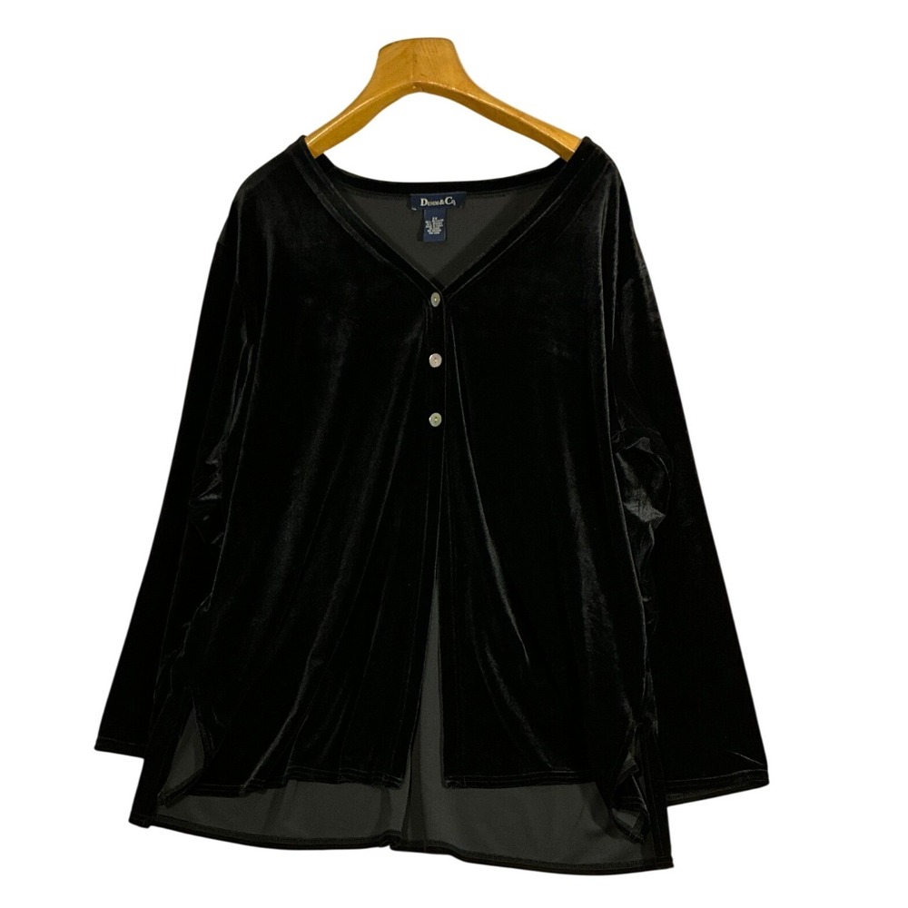 DENIM & CO Black Vevet Button Front Long‎ Sleeve Top Tunic Women Size 2X Comfort